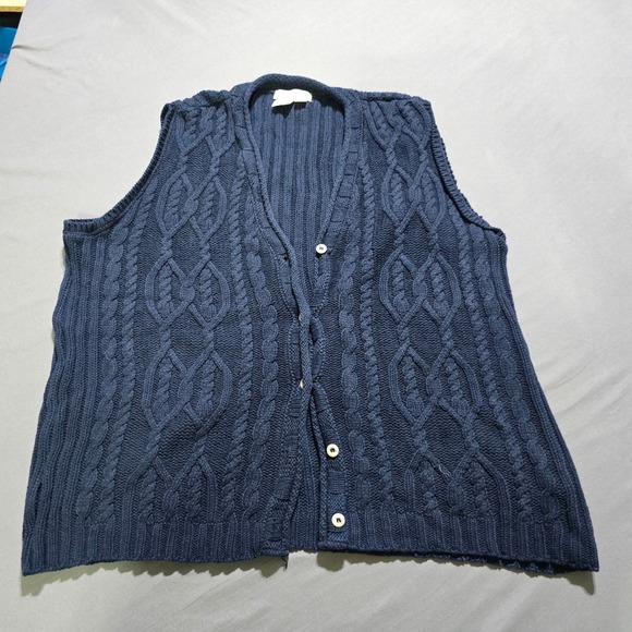 Eddie Bauer Sweaters - Eddie Bauer Vintage Navy Blue Cable Knit Sweater Vest Button Front Cotton Large